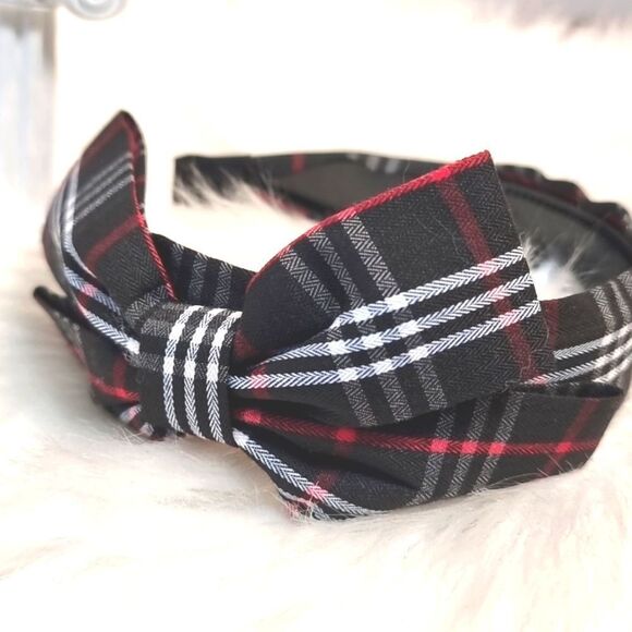 PLAID SIDE BOW HEADBAND Black white red fabric - Picture 4 of 6